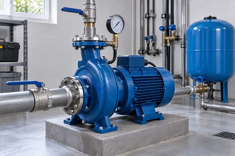 Bomba de agua instalada con tuberías y medidor de presión