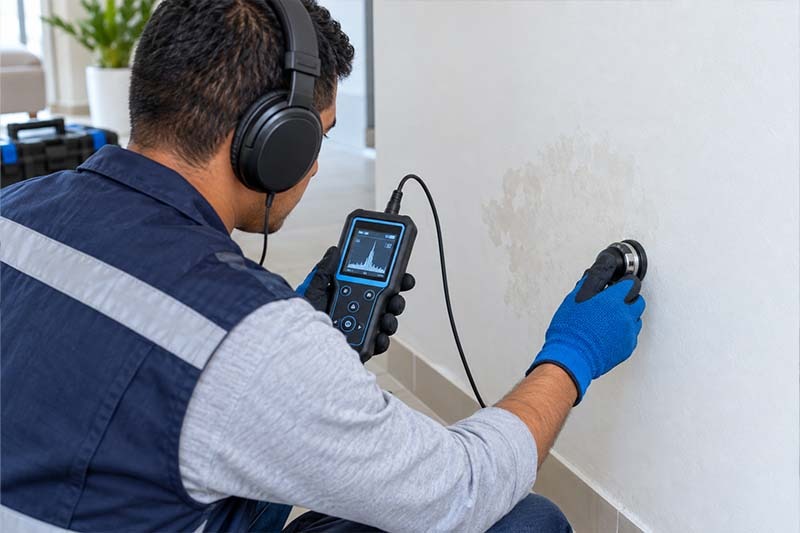 Técnico realizando detección de una fuga de agua en una pared