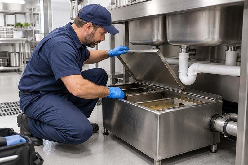 Mantenimiento de una trampa de grasa en cocina comercial