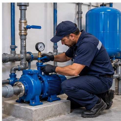 Técnico realizando mantenimiento de una bomba de agua
