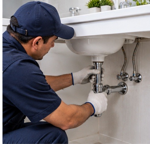 Gasfitero instalando conexiones sanitarias en un baño
