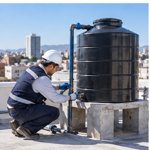 Técnico inspeccionando conexiones de un tanque de almacenamiento de agua