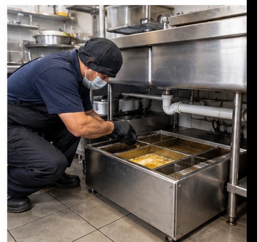 Técnico revisando una trampa de grasa en una cocina comercial